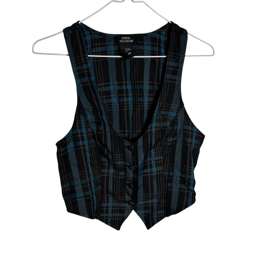 Hot Topic social collision blue & black plaid punk vest top